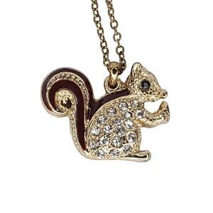 Vintage Chipmunk Squirrel Pendant Necklace Rhinestone Brown Enamel Gold Tone
